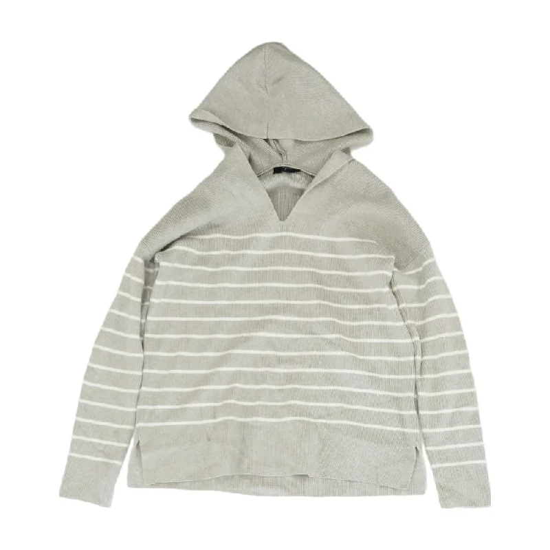 Gray Striped V-Neck Sweater Satin Blend Silk Blend Wool Blend
