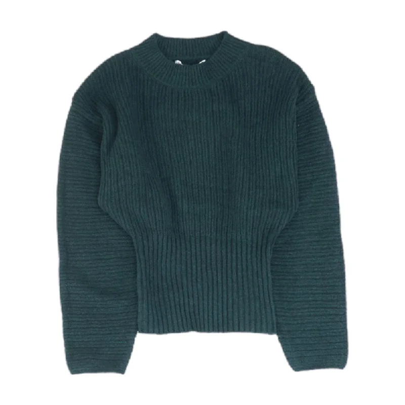 Green Solid Crewneck Sweater Welt Pockets Slit Pockets Flap Pockets