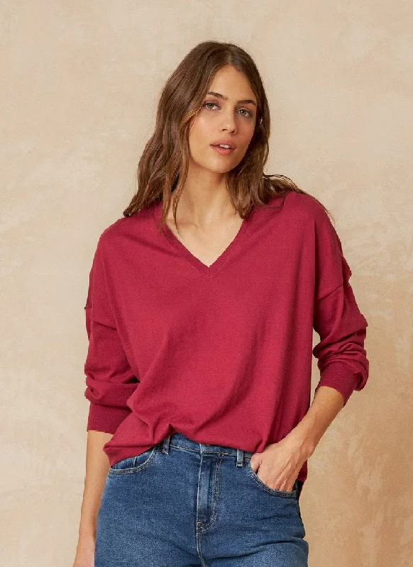 Indi & Cold Sophie Cotton V-Neck Sweater Solid Color Striped Floral Print