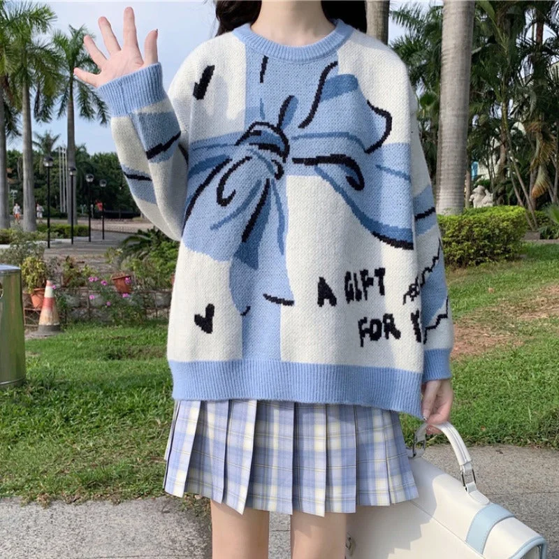 Japanese bow knit sweater yv30252 Solid Print Embellished