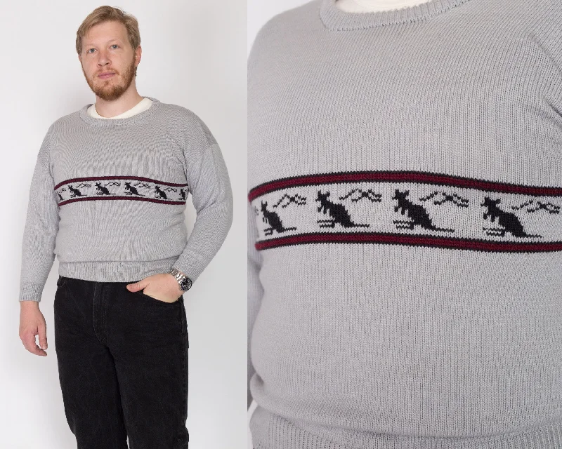 Large 70s Kangaroo Grey Knit Sweater Lace Blend Ribbed Blend Corduroy Blend