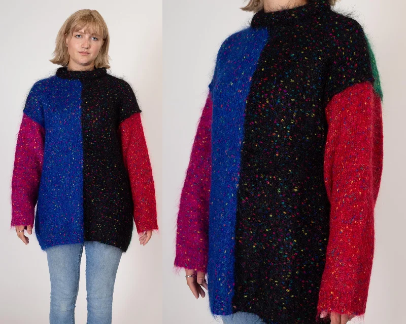 Large 90s Mohair Color Block Sweater Faux Fur Fabric Real Fur Fabric Shearling Fabric