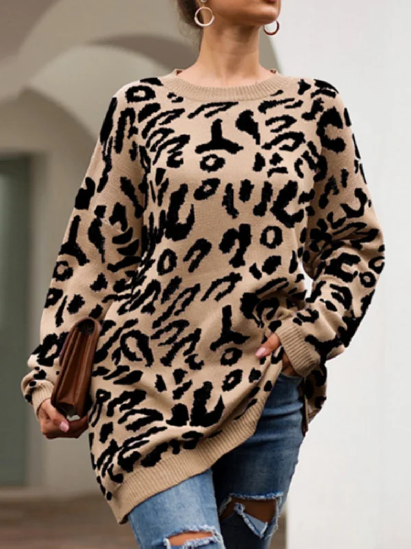 Leopard Round Neck Tunic Sweater Hooded Caped Shawl Collar