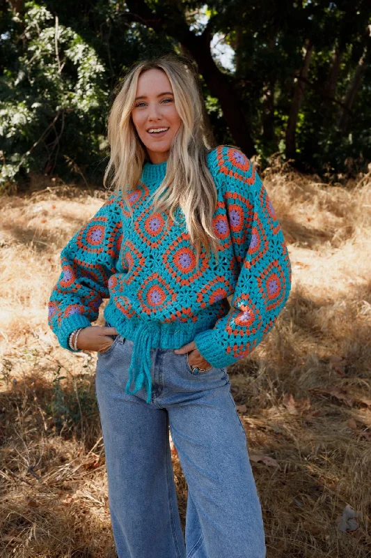 Made For Each Other Crochet Sweater - Teal Multi Thin Thick Dense