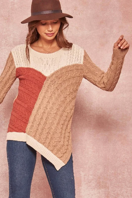 Mixed Signals Patchwork Cable Knit Sweater Faux Fur Fabric Real Fur Fabric Shearling Fabric