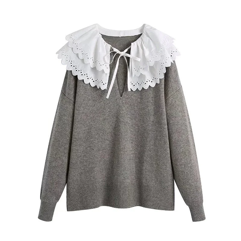 New sweet lace stitched detachable collar wool sweater 7711 Plaid Sweater Polka Dot Checkered New sweet lace stitched detachable collar wool sweater 7711 Plaid Sweater Polka Dot Checkered