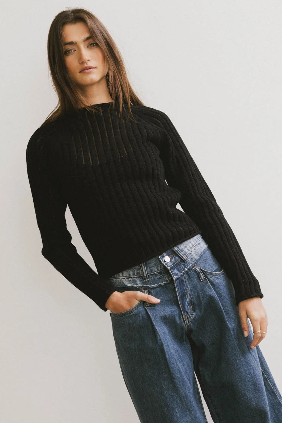 Ruby Striped Sheer Sweater in Black Cashmere Blend Cotton Blend Poly Blend