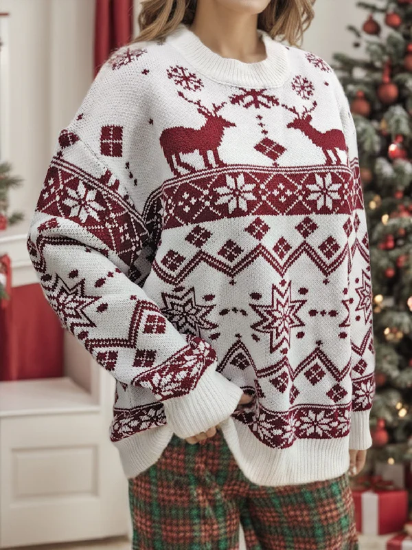 Snowflake Contrast Round Neck Long Sleeve Sweater Plaid Sweater Polka Dot Checkered