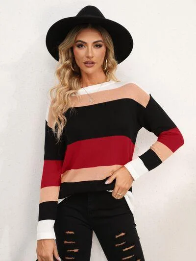 Full Size Striped Dropped Shoulder Sweater in 5 Colors Layered Multi-layer Single Layer