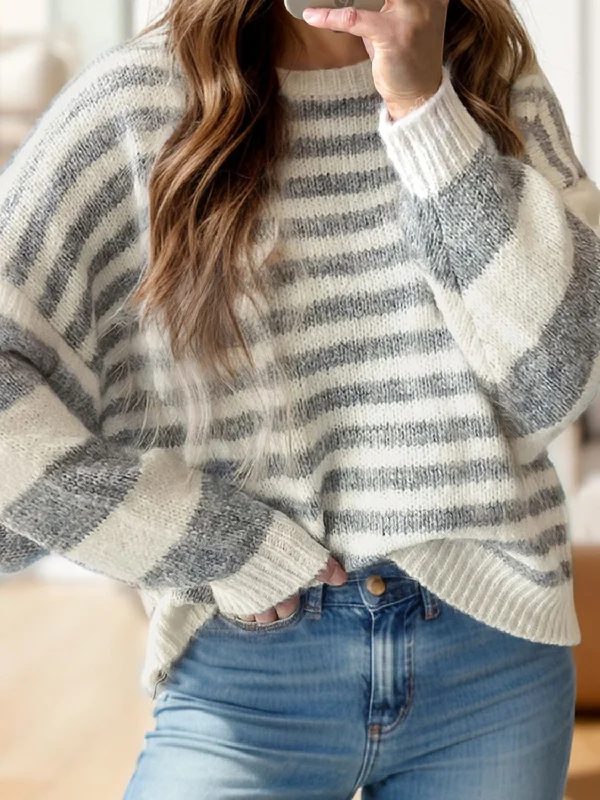 Gray Striped Sweater Fitted Loose Oversized