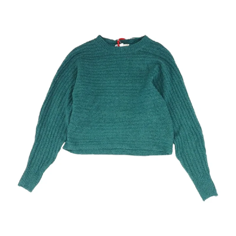 Teal Solid Crewneck Sweater Solid Print Embellished