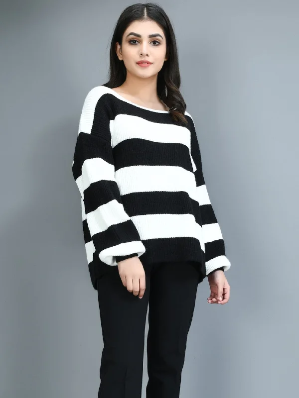 Striped Sweater Front Pockets Side Pockets Patch Pockets