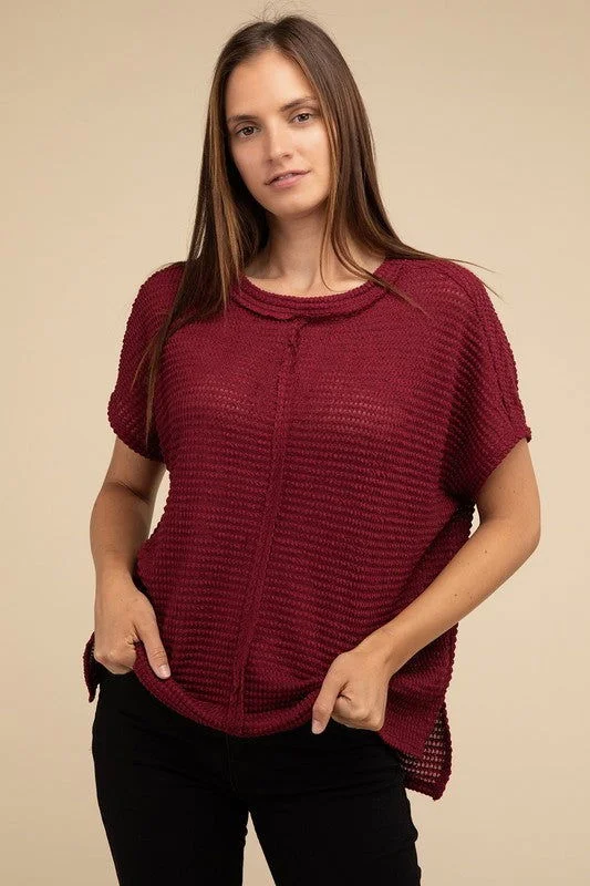 ZENANA Dolman Short Sleeve Jacquard Sweater Toggled Drawstring Belted