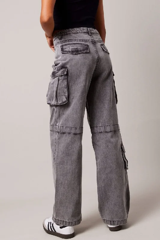 Grey Cargo Jean Out Pocket Fashionable Cropped Denim Jeans