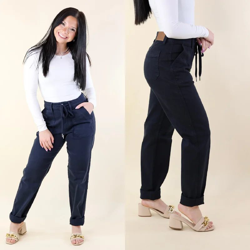 Judy Blue | Keep It A Secret Relaxed Pull on Jean Joggers in Navy Blue Fashionable Raw Hemmed Jeans