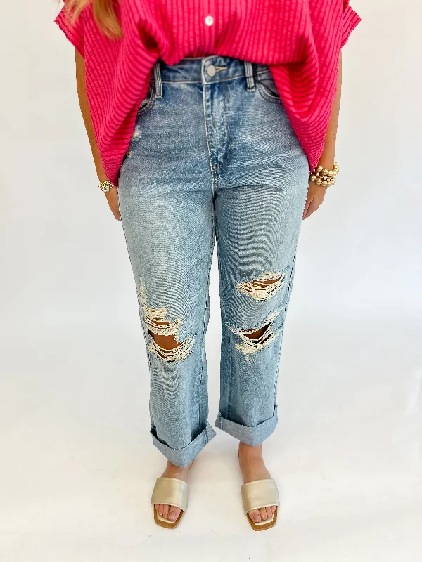 [Judy Blue] Loving Life Straight Leg Destroyed  Rigid Jean Stylish High-Waisted Denim