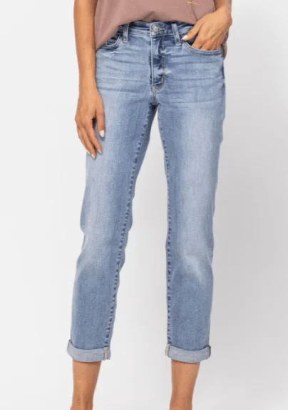 Mid-Rise Bleach Wash Boyfriend Jean | Judy Blue Cozy Stretch High-Waist Jeans