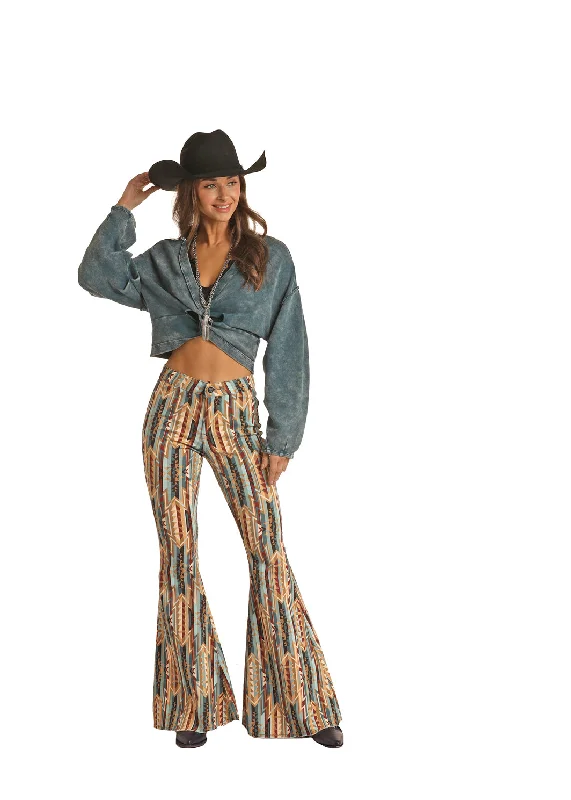 Rock & Roll Cowgirl Aztec Print Bell Bottom Jean Comfortable Zip-Fly Denim Jeans