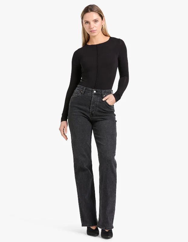 Manuela Stretch Denim Jean - Washed Black Trendy Low-Rise Bootcut Jeans