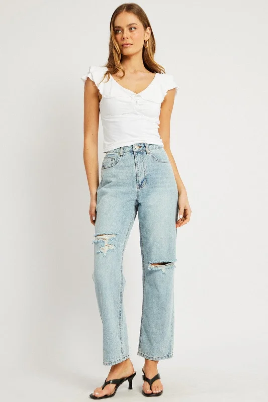 Denim Straight Jean Mid Rise Cozy Relaxed Fit Denim Jeans