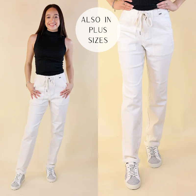 Judy Blue | Keep It A Secret Relaxed Pull on Jean Joggers with Cuffed Hem in White Wash Comfortable Jogger Style Jeans