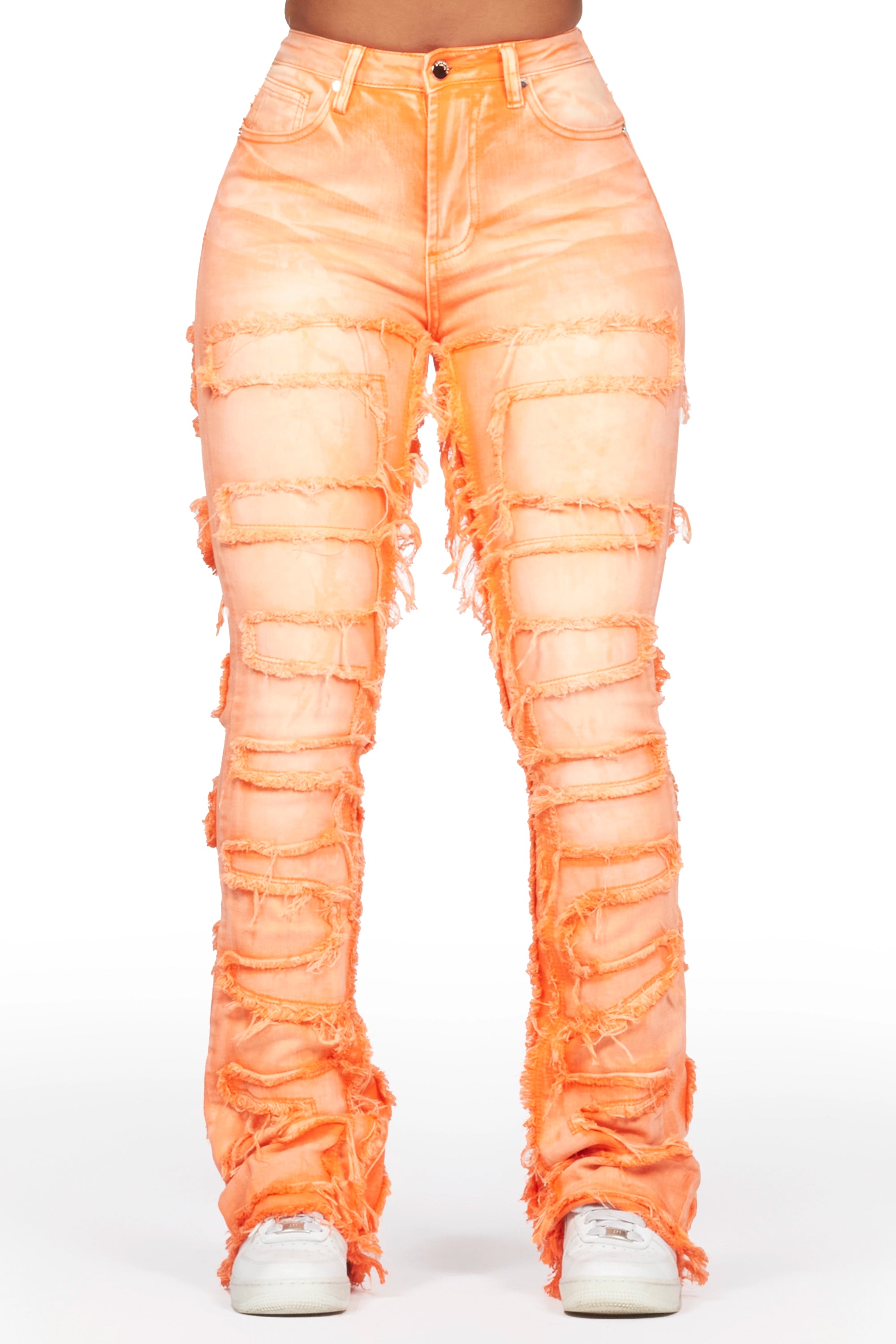 Zariyah Orange Stacked Flare Jean Stylish Stone-Wash Denim Jeans