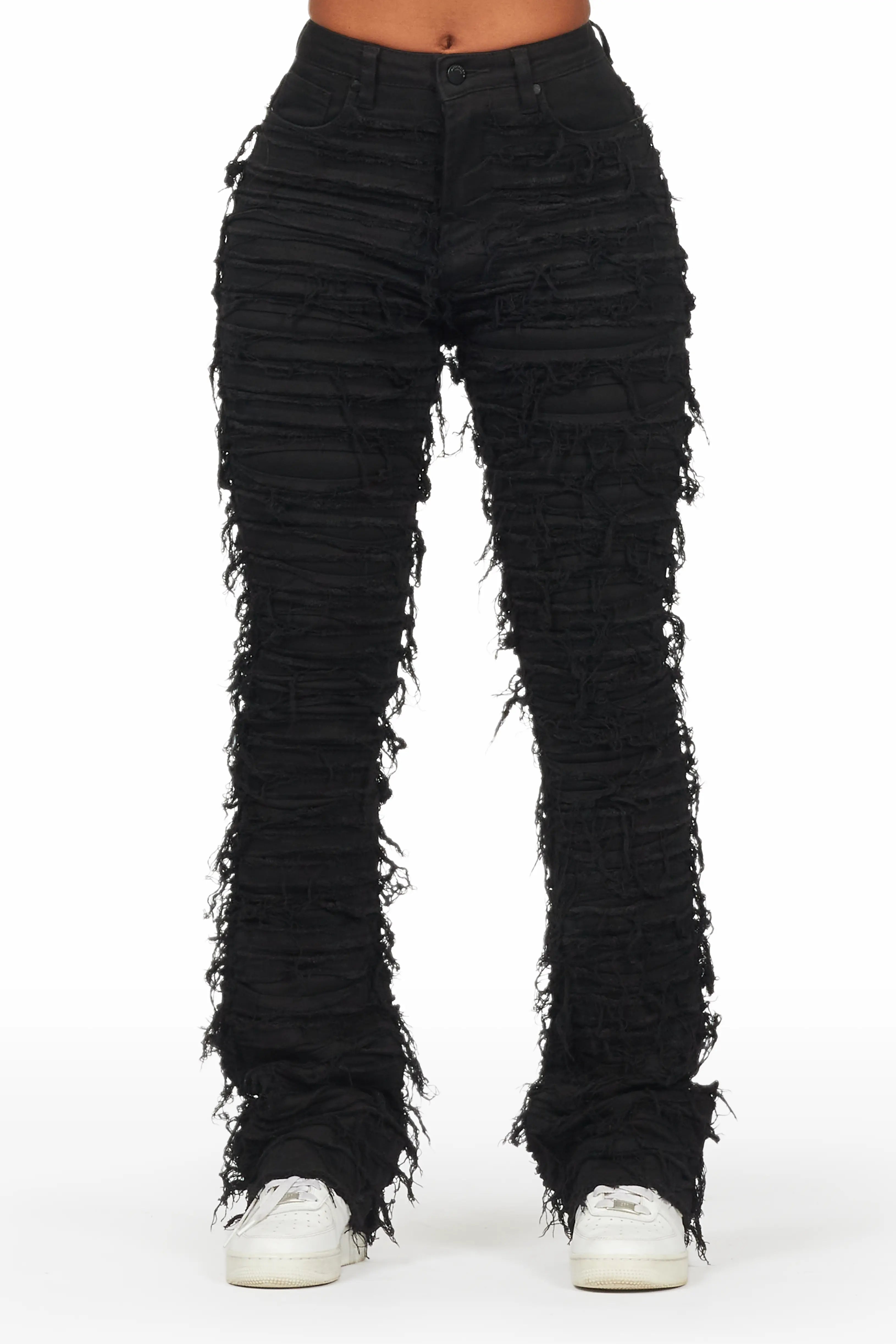 Melany Black Stacked Flared Jean Trendy Paperbag Waist Jeans