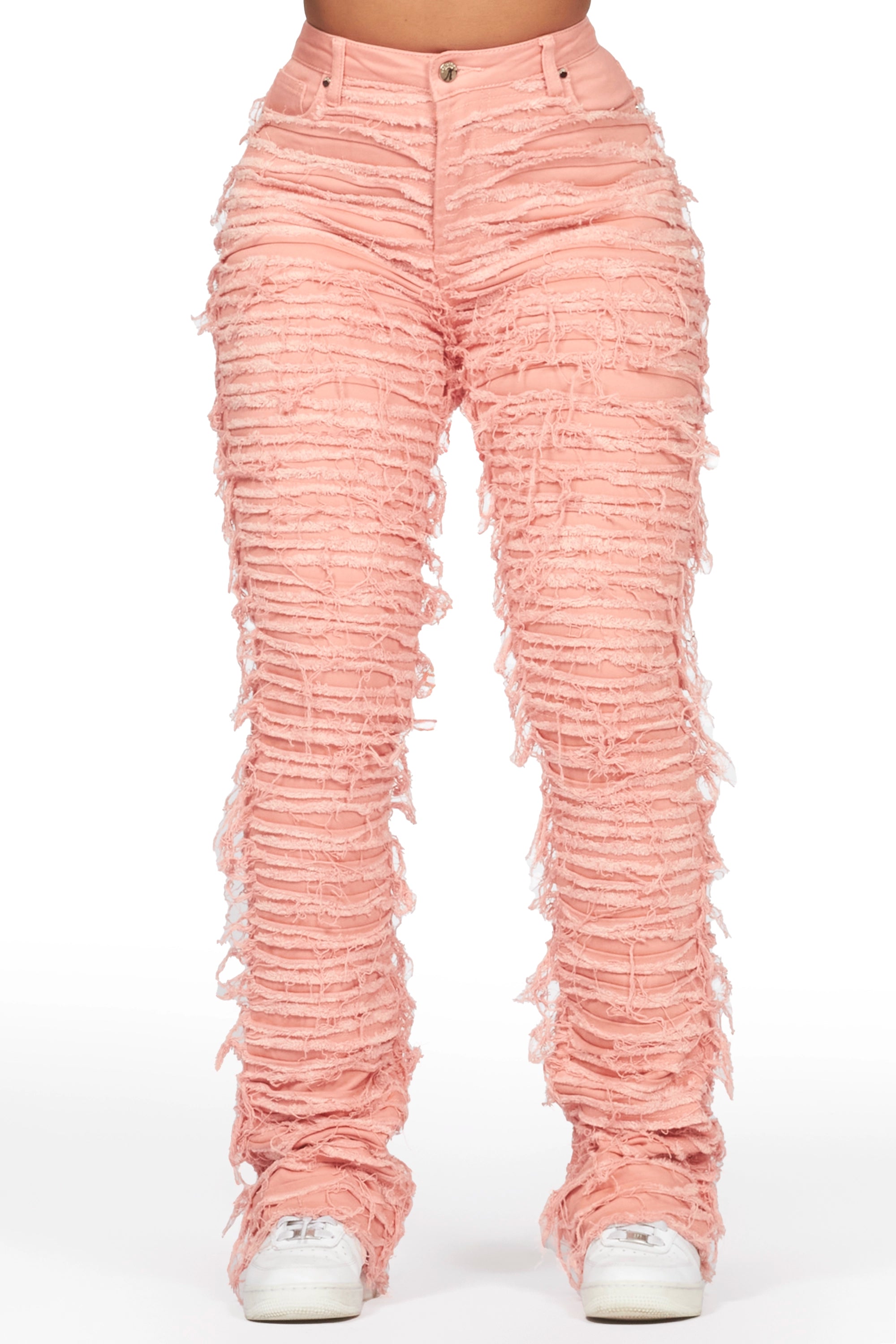 Melany Pink Stacked Flared Jean Fashionable Raw Hemmed Jeans