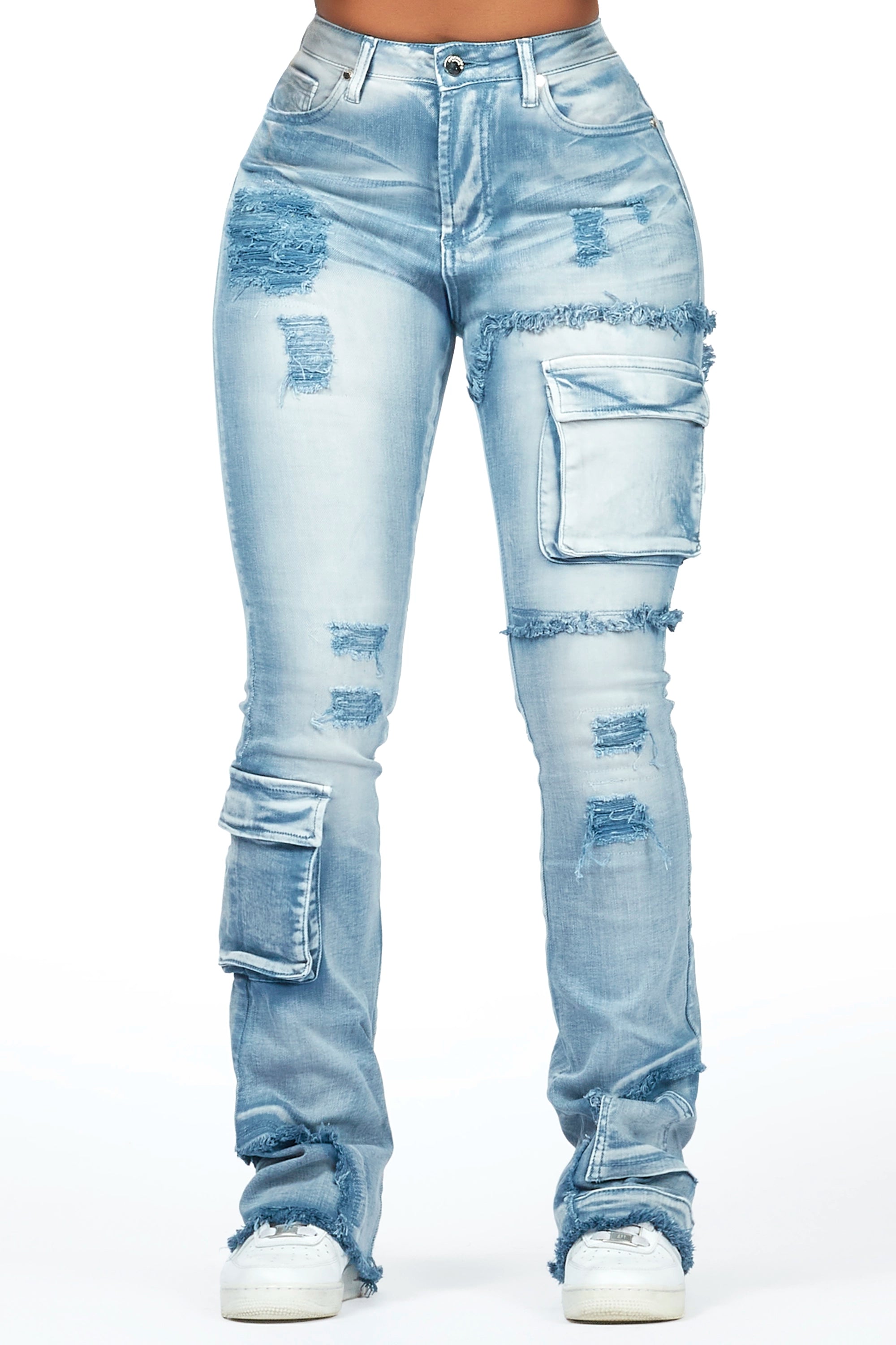 Kambry Blue Stacked Flare Jean Fashionable Relaxed Fit Denim