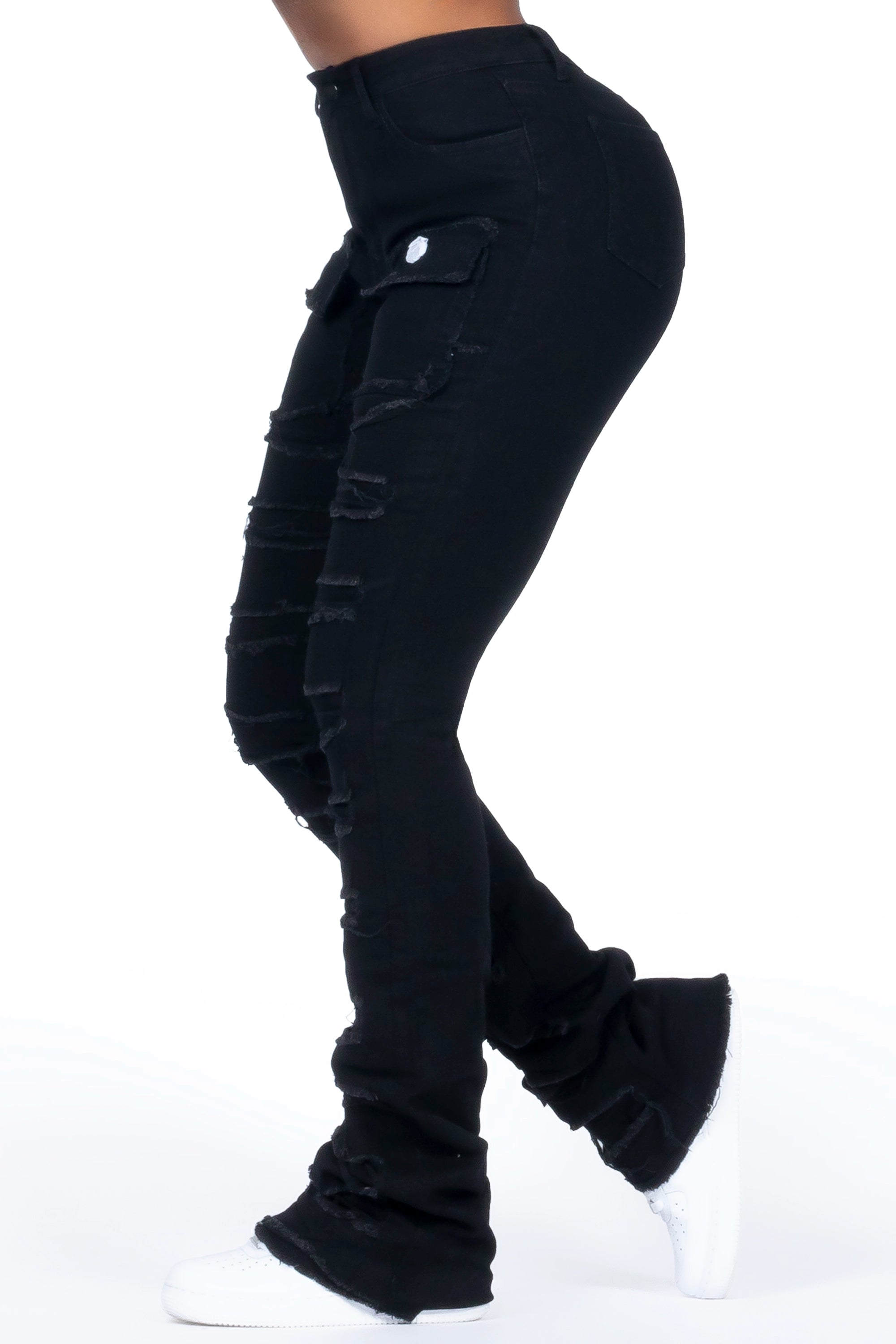 Tonea Black Stacked Flare Jean Comfortable Distressed Straight-Leg Jeans