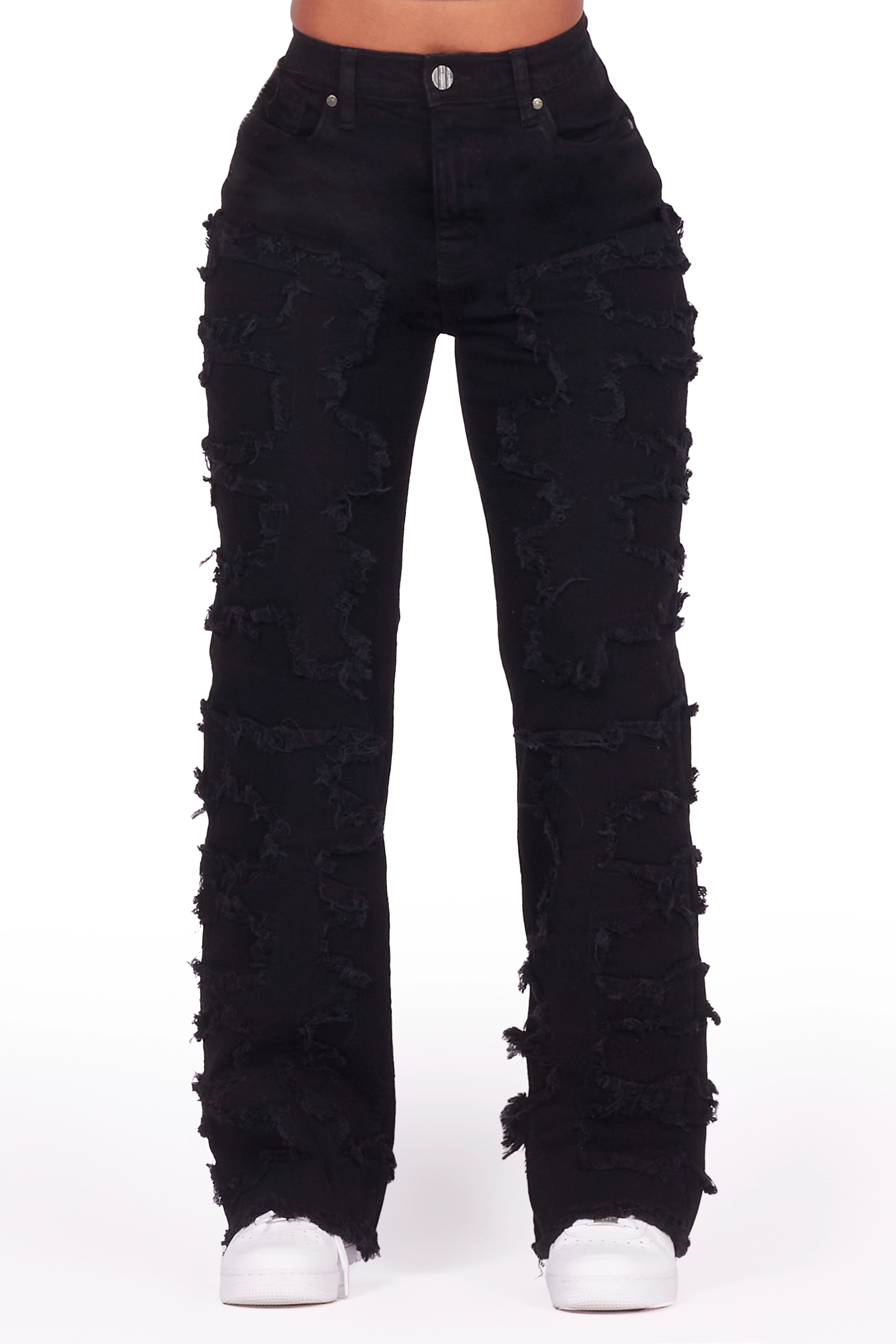 Jhourney Black Baggy Stacked Jean Trendy Patchwork Denim Jeans