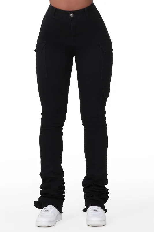 Vixen Black Cargo Super Stacked Jean Casual Distressed Denim Jeans