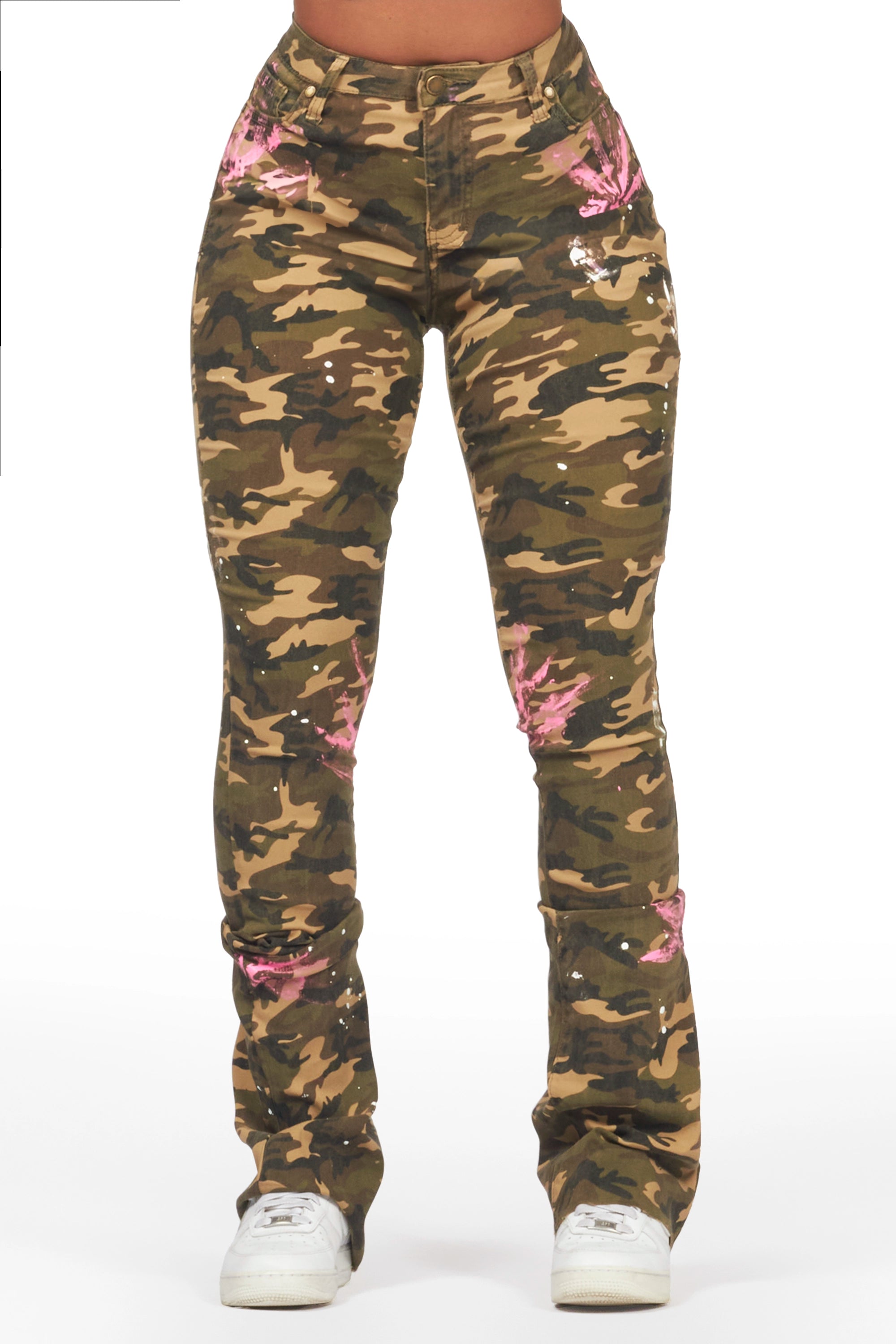 Daishia Camo Painted Super Stacked Jean Chic Double Waistband Jeans