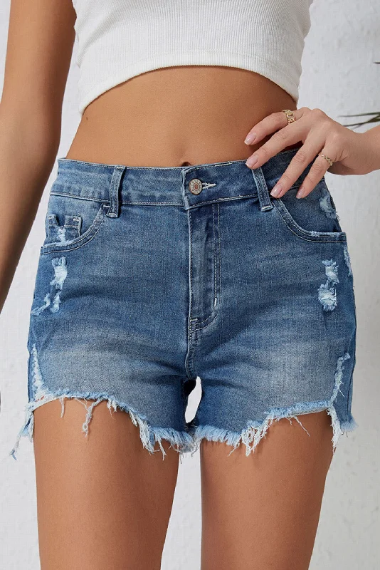 Sky Blue Distressed Raw Edge Jean Shorts Trendy Plus Size Jeans