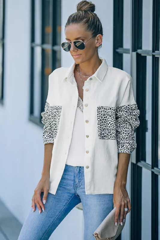 Long Sleeve Button-down Leopard Print White Denim Jean Jacket Trendy Cut-Off Denim Shorts