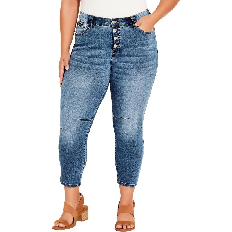 Avenue Womens Plus High Rise Medium Wash Cropped Jeans Chic Rolled Cuff Denim Jeans