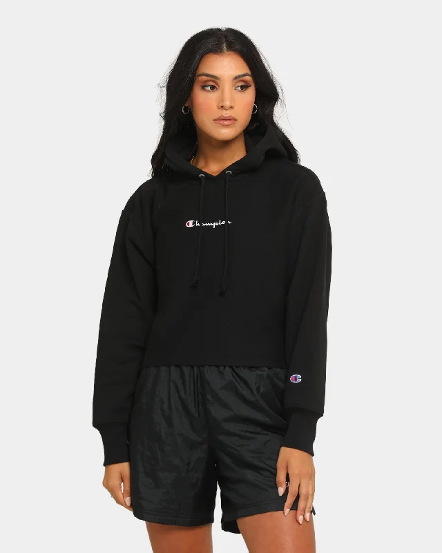 Champion Women's Rev Weave Script Crop Hoodie Black Hoodie with Slim Fit Tailored Modern Champion Women's Rev Weave Script Crop Hoodie Black Hoodie with Slim Fit Tailored Modern