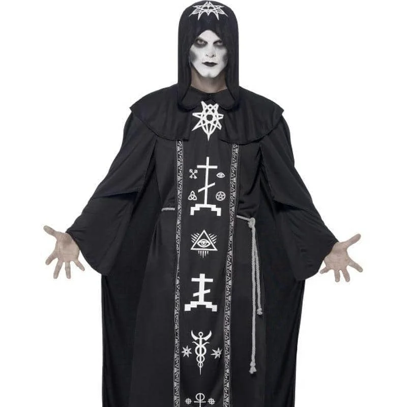 Dark Arts Ritual Costume Adult One Size Black Hooded Robe Belt Hoodie with Hem Embroidery Detailed Premium Dark Arts Ritual Costume Adult One Size Black Hooded Robe Belt Hoodie with Hem Embroidery Detailed Premium