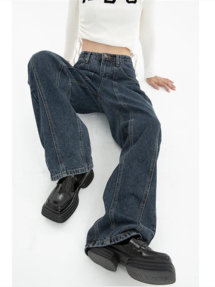 Dark Blue Womens Jeans High Waist Vintage Straight Baggy Denim Pants Streetwear Comfortable Distressed Straight-Leg Jeans Dark Blue Womens Jeans High Waist Vintage Straight Baggy Denim Pants Streetwear Comfortable Distressed Straight-Leg Jeans
