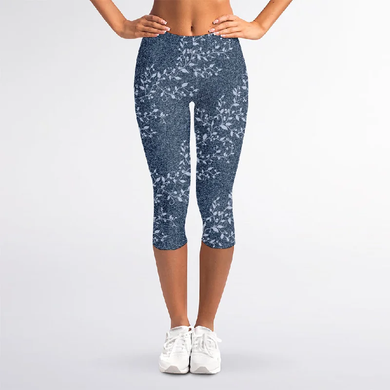 Ivy Flower Denim Jeans Pattern Print Women's Capri Leggings Fashionable Slouchy Fit Jeans Ivy Flower Denim Jeans Pattern Print Women's Capri Leggings Fashionable Slouchy Fit Jeans