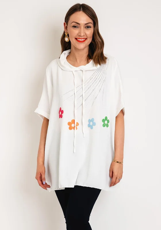 Serafina Collection One Size Embellished Longline Hooded Top, White Hoodie with Side Slits Relaxed Casual Serafina Collection One Size Embellished Longline Hooded Top, White Hoodie with Side Slits Relaxed Casual