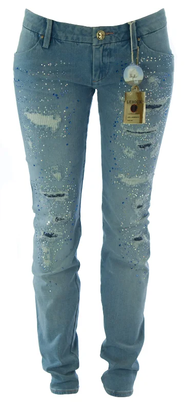 LEROCK Women's Light Blue Straight Leg Distressed Bedazzled Denim Jeans NEW Comfortable Zip-Up Skinny Jeans LEROCK Women's Light Blue Straight Leg Distressed Bedazzled Denim Jeans NEW Comfortable Zip-Up Skinny Jeans