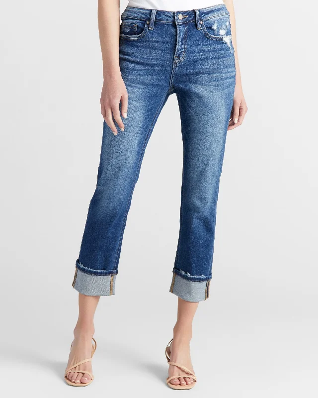 Mid Rise Straight Leg Jeans With Cuff Classic Slim Fit Jeans