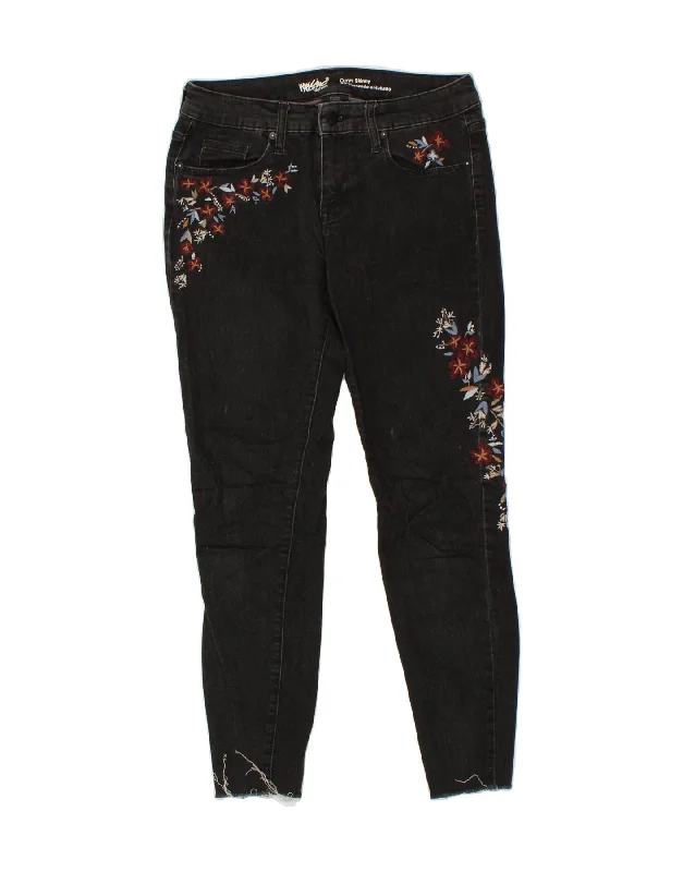 MOSSIMO Womens Curvy Skinny Jeans US 4 Small W30 L27 Black Floral Cotton Trendy Pleated Waist Jeans