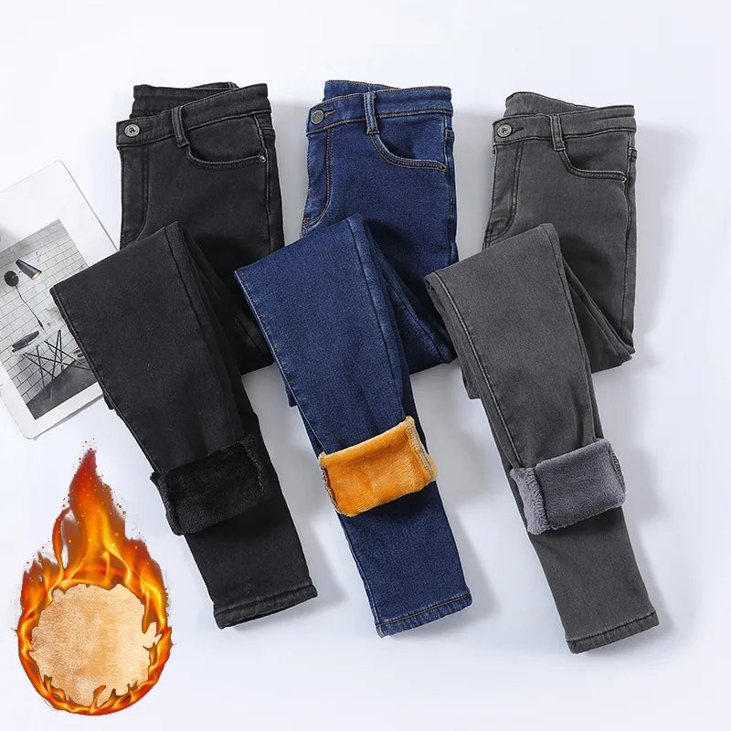 Women Thermal Jeans Winter Snow Warm Plush Stretch Jeans Comfortable Mid-Rise Jeans