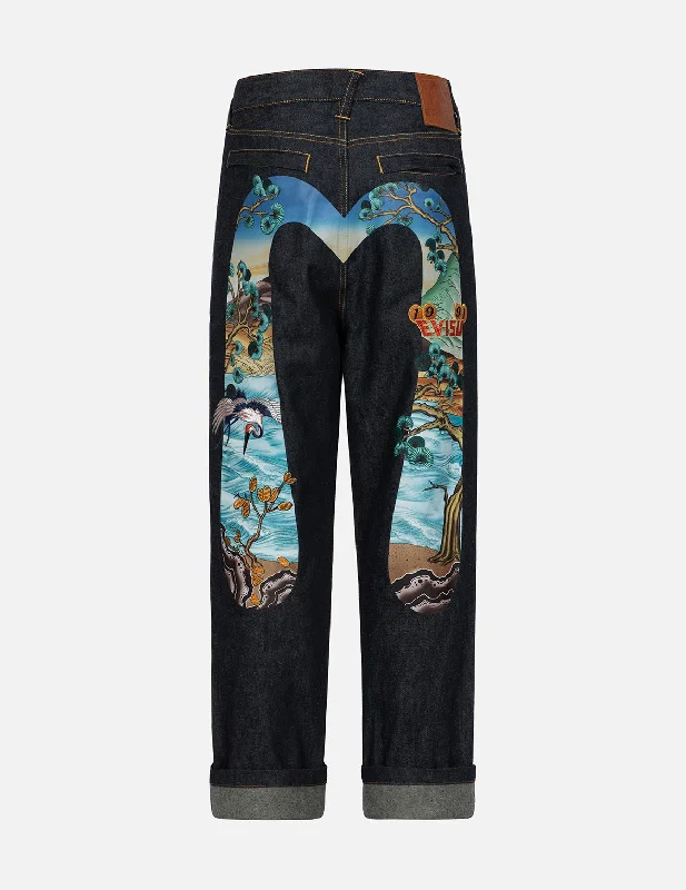 Pine-pattern Daicock Print with Crane and Logo Embroidery Wide Leg Jeans Cozy Stretch High-Waist Jeans Pine-pattern Daicock Print with Crane and Logo Embroidery Wide Leg Jeans Cozy Stretch High-Waist Jeans