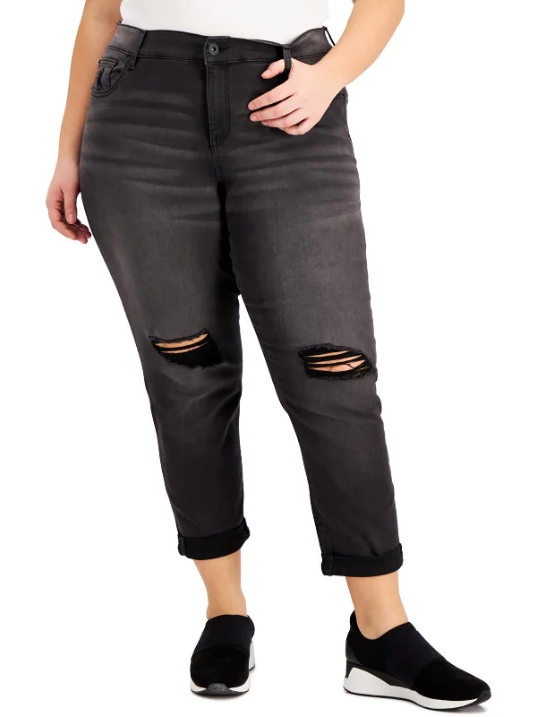 Plus Womens Mid Rise Destroyed Cropped Jeans Trendy Flared Leg Jeans