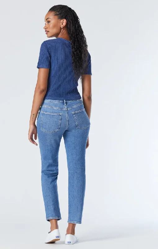 SOHO GIRLFRIEND JEANS IN MID DISTRESSED RECYCLED BLUE Casual High-Waisted Bootcut Jeans SOHO GIRLFRIEND JEANS IN MID DISTRESSED RECYCLED BLUE Casual High-Waisted Bootcut Jeans