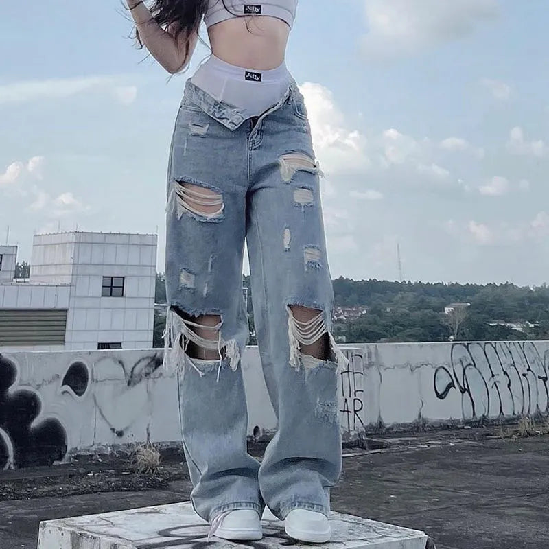 Streetwear Straight Pants Ladies Ripped Jeans Mid Waist Loose Wide Leg Pants Comfortable Dark Wash Jeans Streetwear Straight Pants Ladies Ripped Jeans Mid Waist Loose Wide Leg Pants Comfortable Dark Wash Jeans
