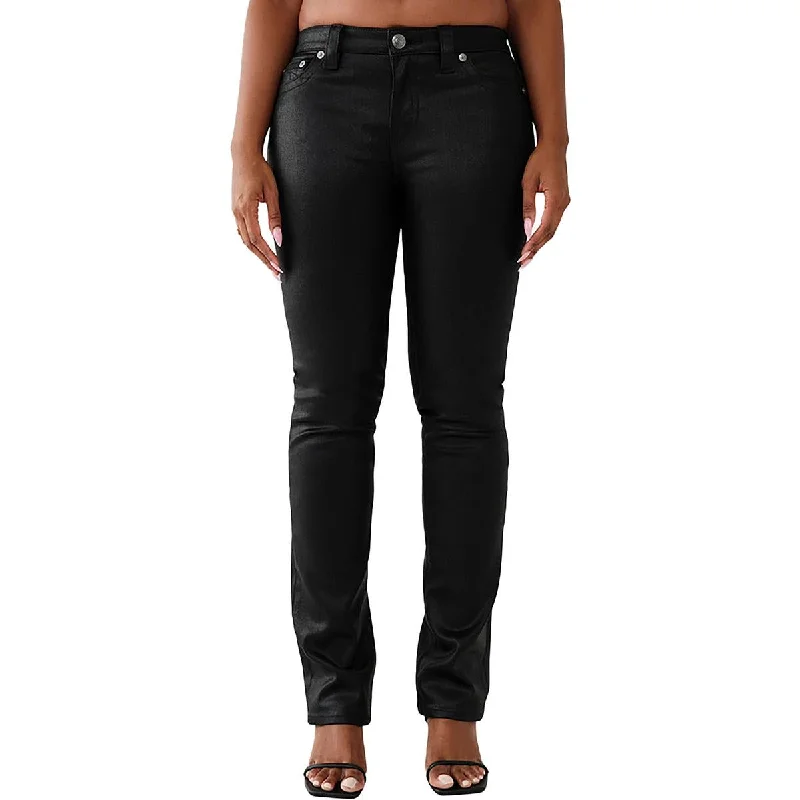True Religion Womens Billie Mid-Rise Coated Straight Leg Jeans Fashionable Straight Fit Denim